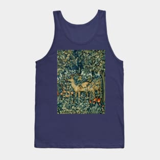 GREENERY,TWO DOES AND BIRDS IN FOREST Blue Green Floral Tapestry Tank Top